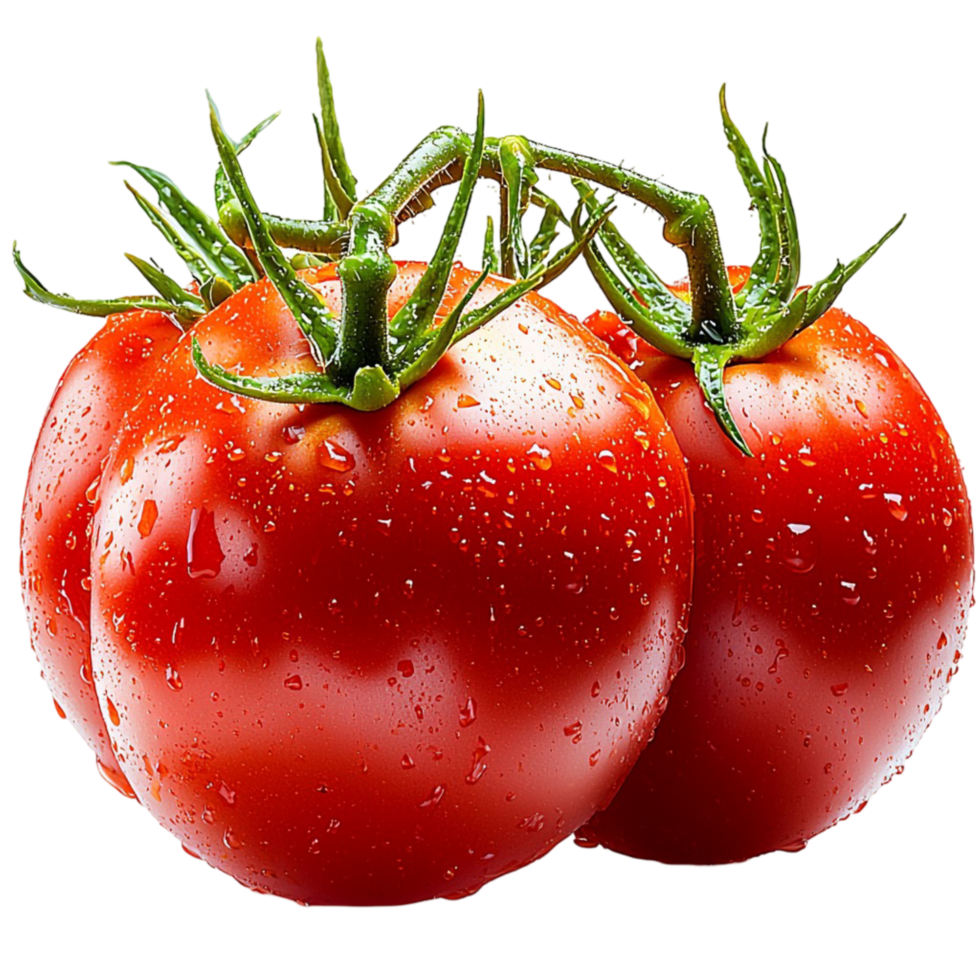 Cluster of ripe red tomatoes with green stems and water droplets png