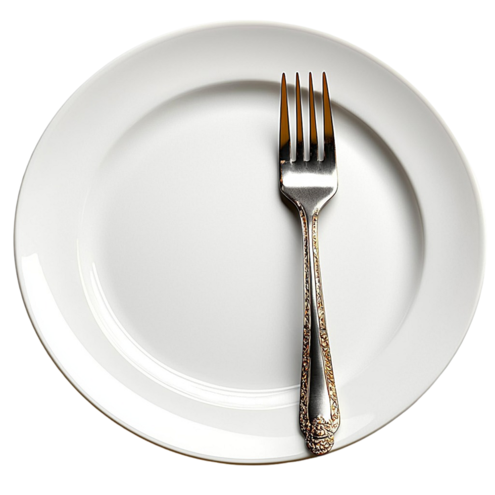 White ceramic plate with a fork placed on it png