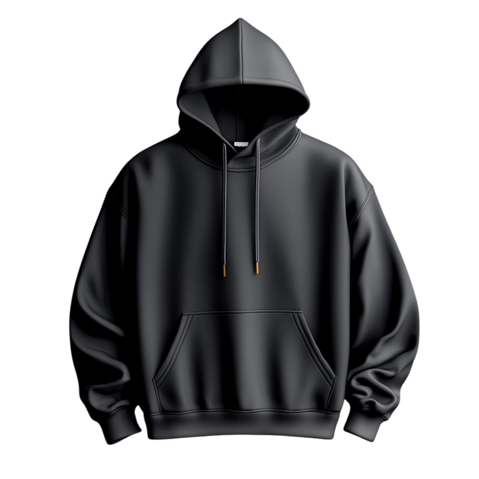 Black hoodie with a sleek design and adjustable drawstrings png