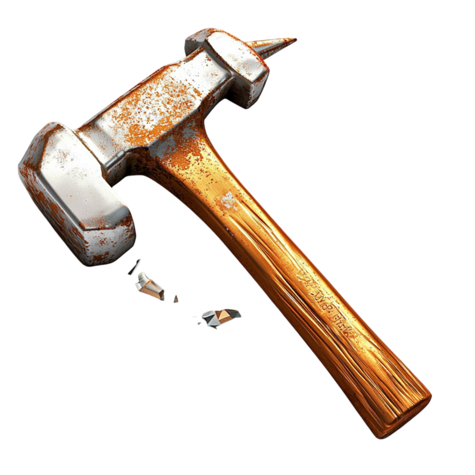 Broken hammer with a wooden handle and shattered metal head png