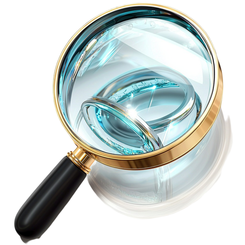 Magnifying glass with a gold frame and blue reflections png