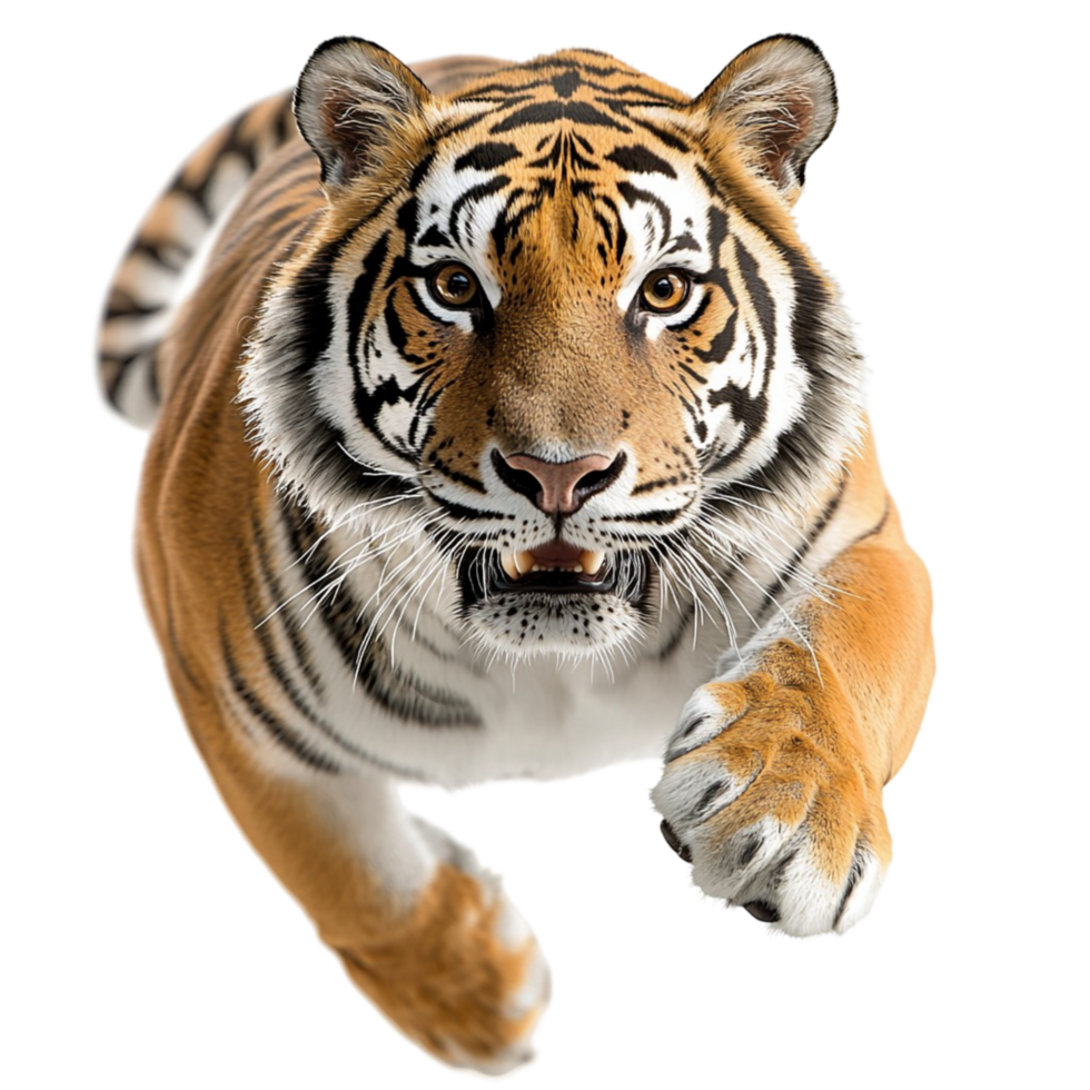 Fierce tiger leaping forward with intense eyes and sharp claws png