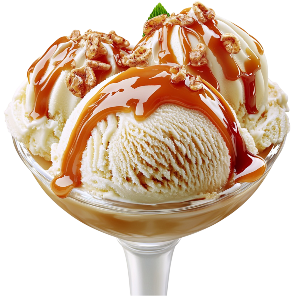 Tempting caramel ice cream sune with drizzled syrup and crunchy toppings png