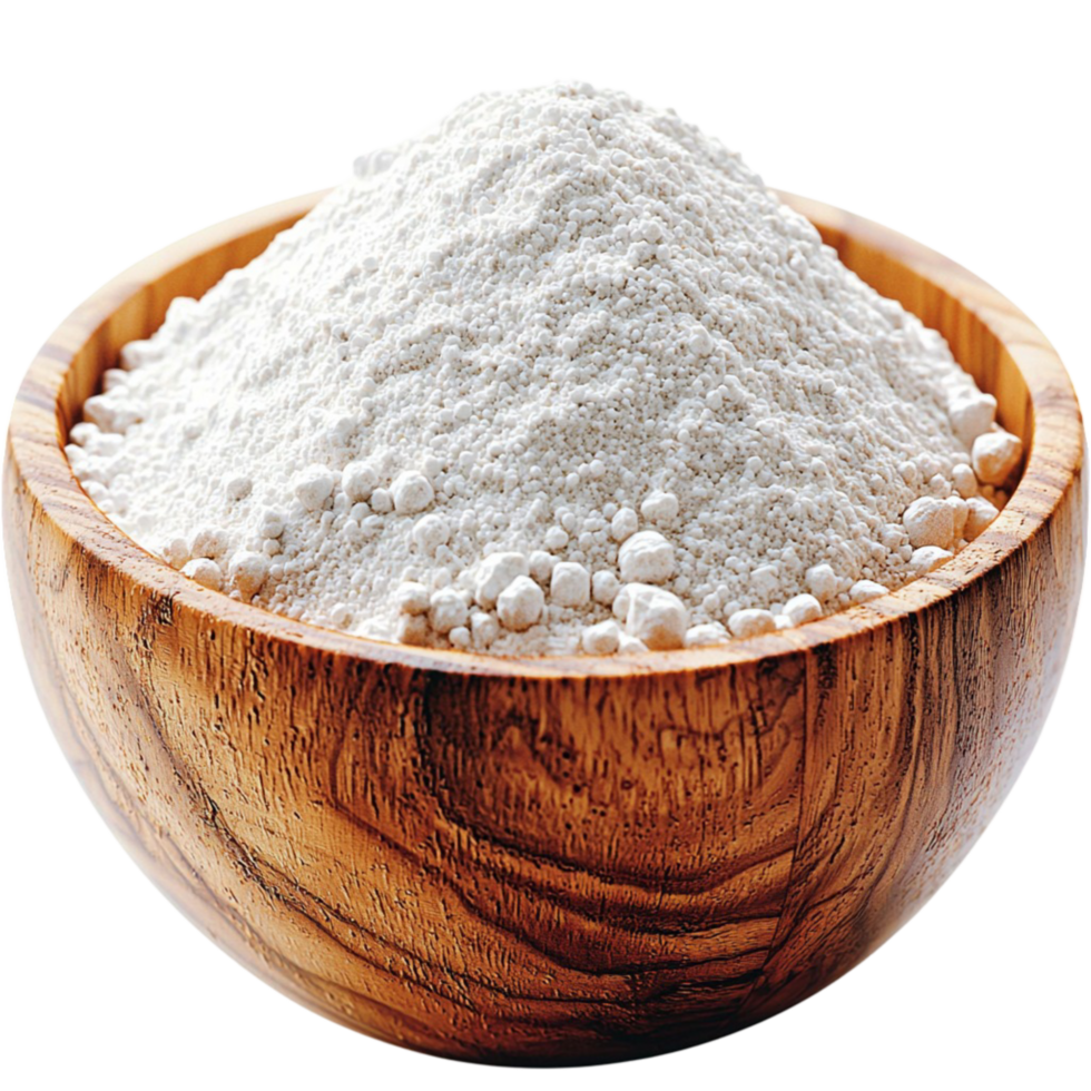 Wooden bowl filled with white flour and small granules png
