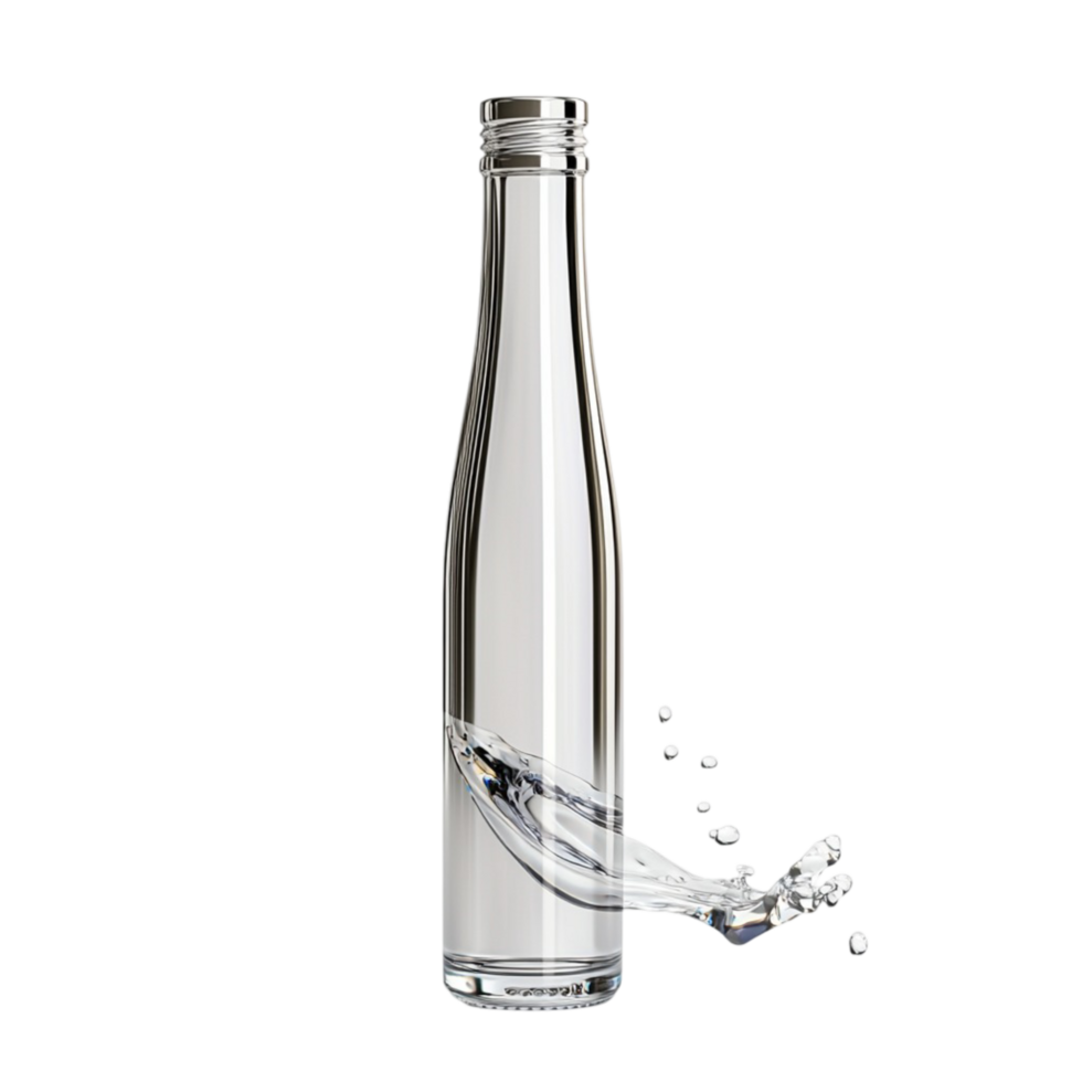 Clear glass bottle with water splashing out in a dynamic motion png