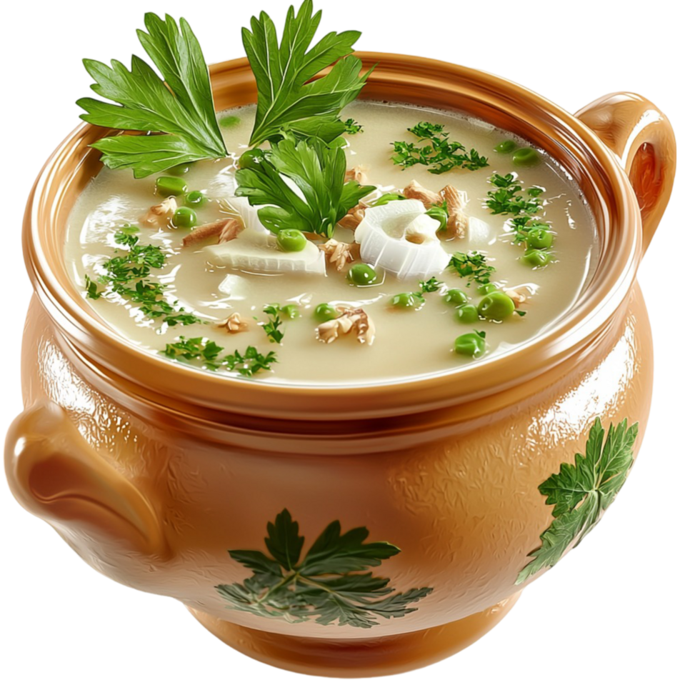 Creamy soup in a rustic clay bowl garnished with herbs png