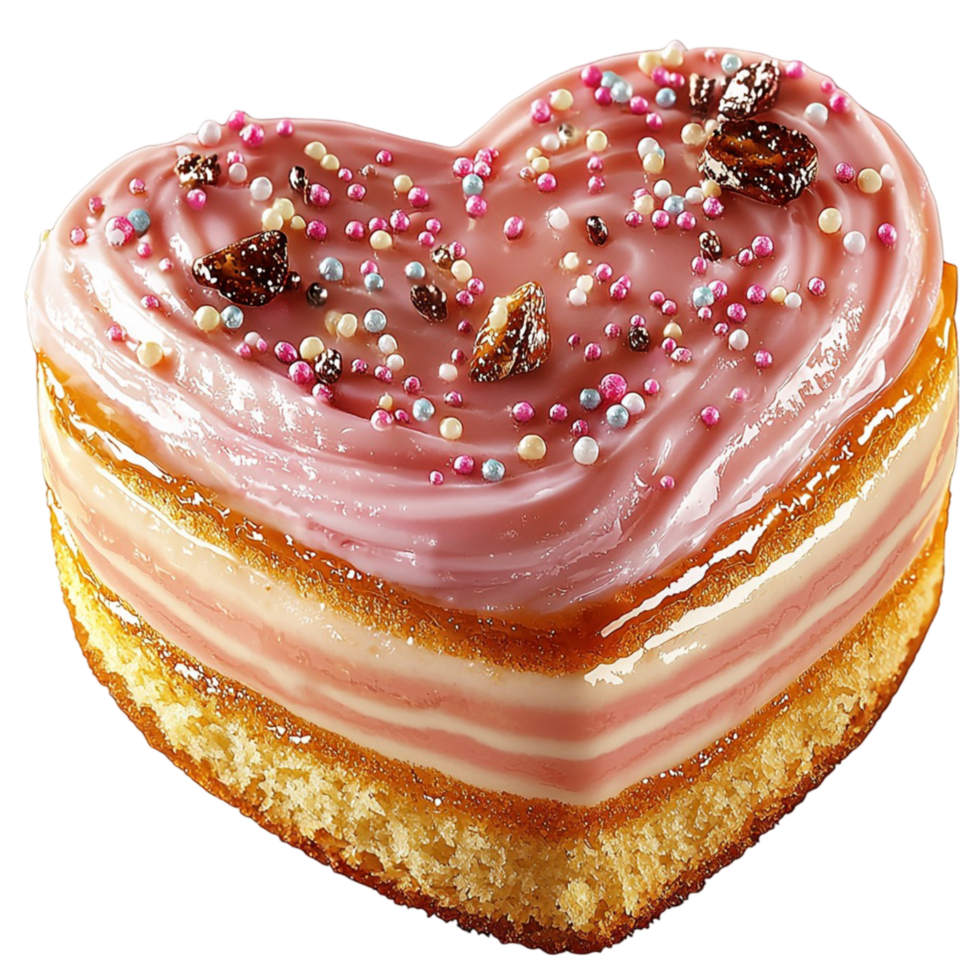 Heart shaped layered cake with pink frosting and sprinkles png