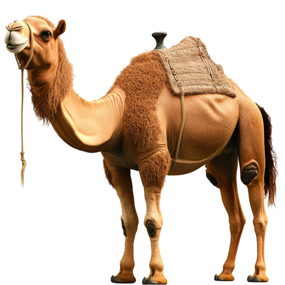 Majestic camel with a traditional saddle standing confidently png