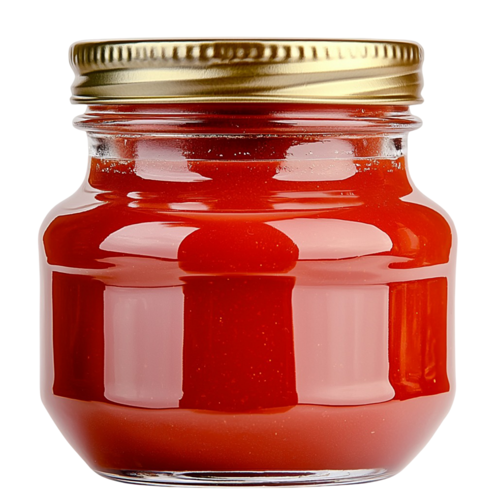 Glass jar filled with and red tomato sauce sealed with a golden lid png