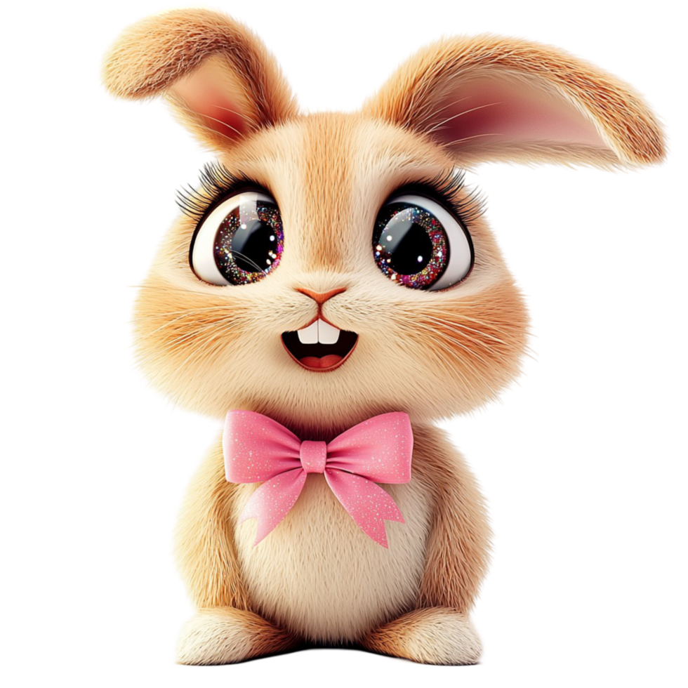 Adorable cartoon rabbit with big expressive eyes and a pink bow tie png