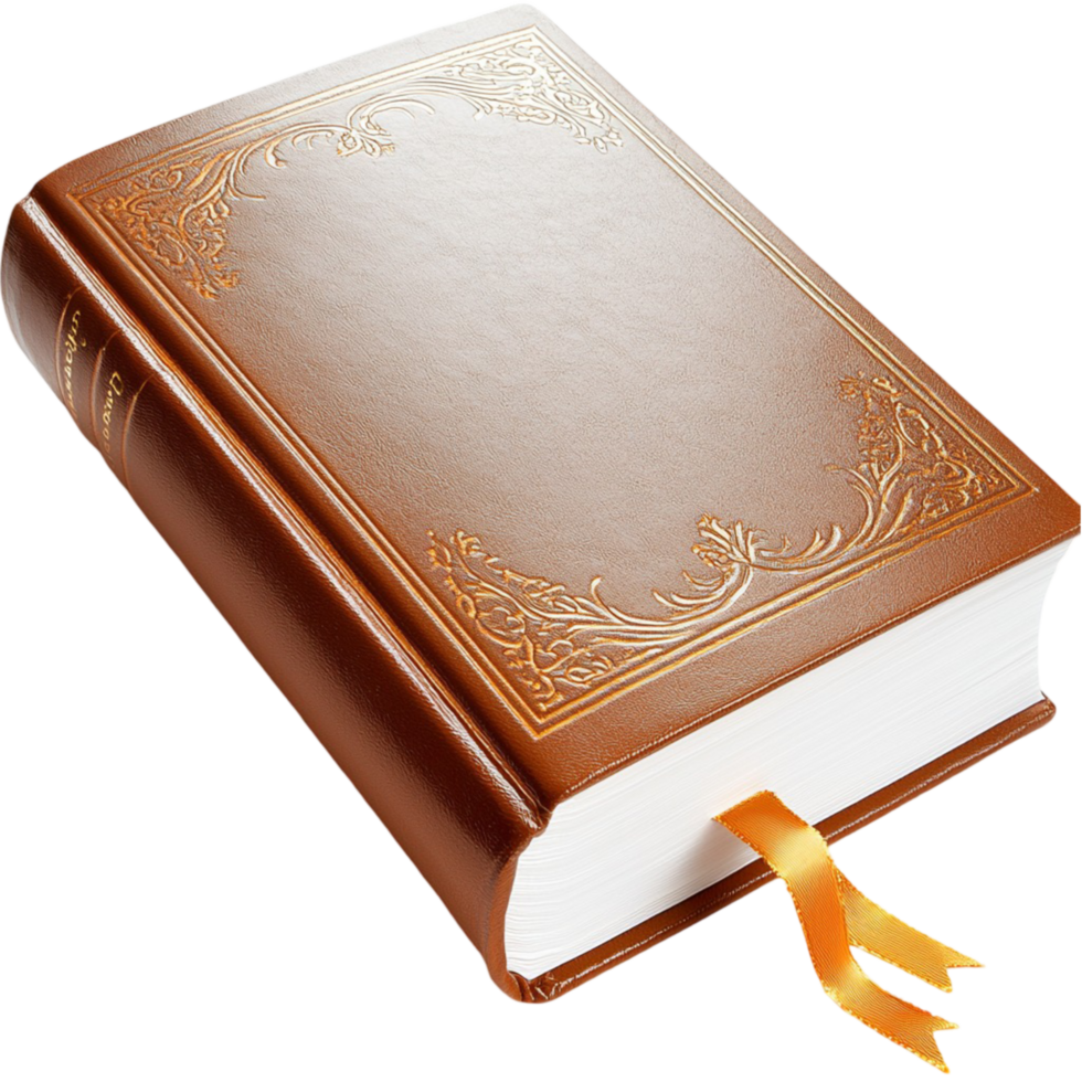 bound book with intricate gold detailing and a ribbon bookmark png