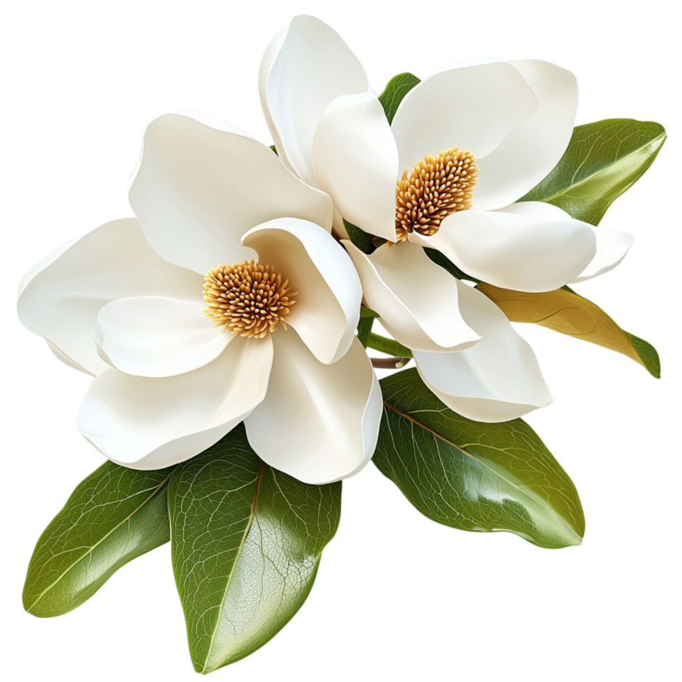Magnolia flowers with pure white petals and green leaves png