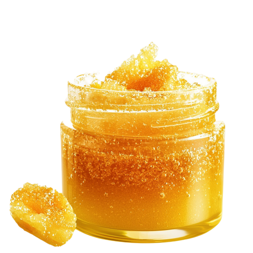 Jar of golden sugar scrub with sparkling sugar crystals png