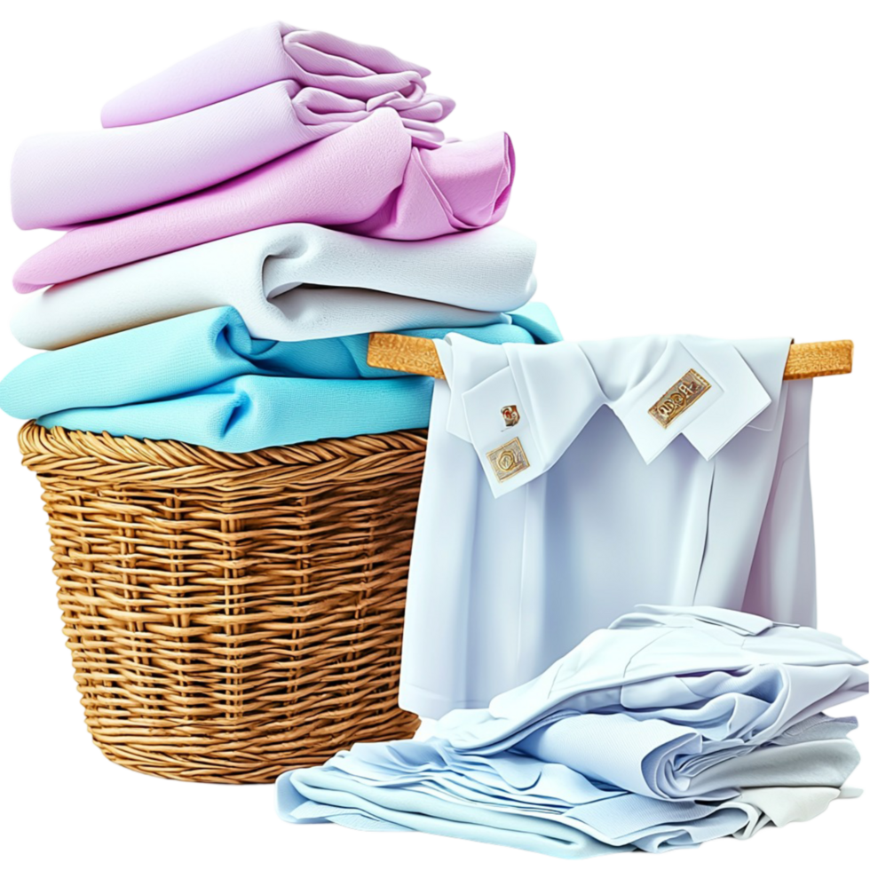 Wicker basket filled with neatly folded laundry png
