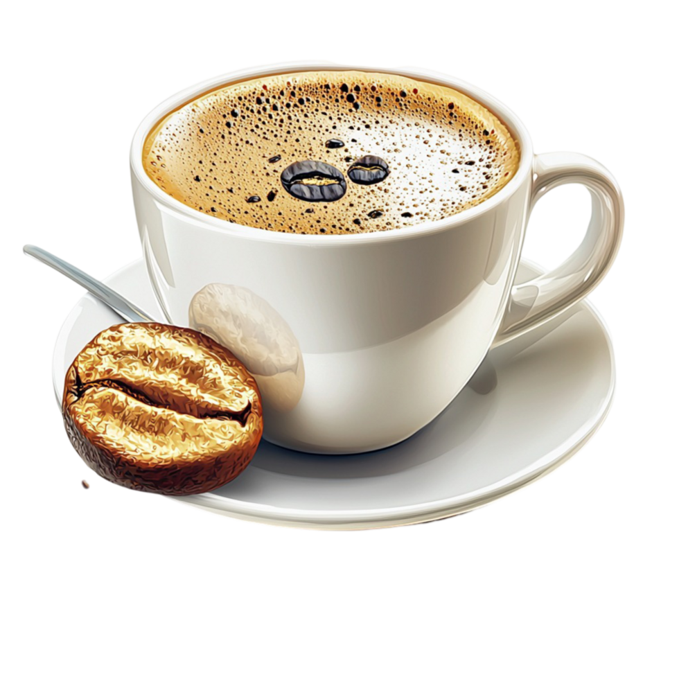 Cup of hot coffee with frothy foam and a chocolate biscuit png