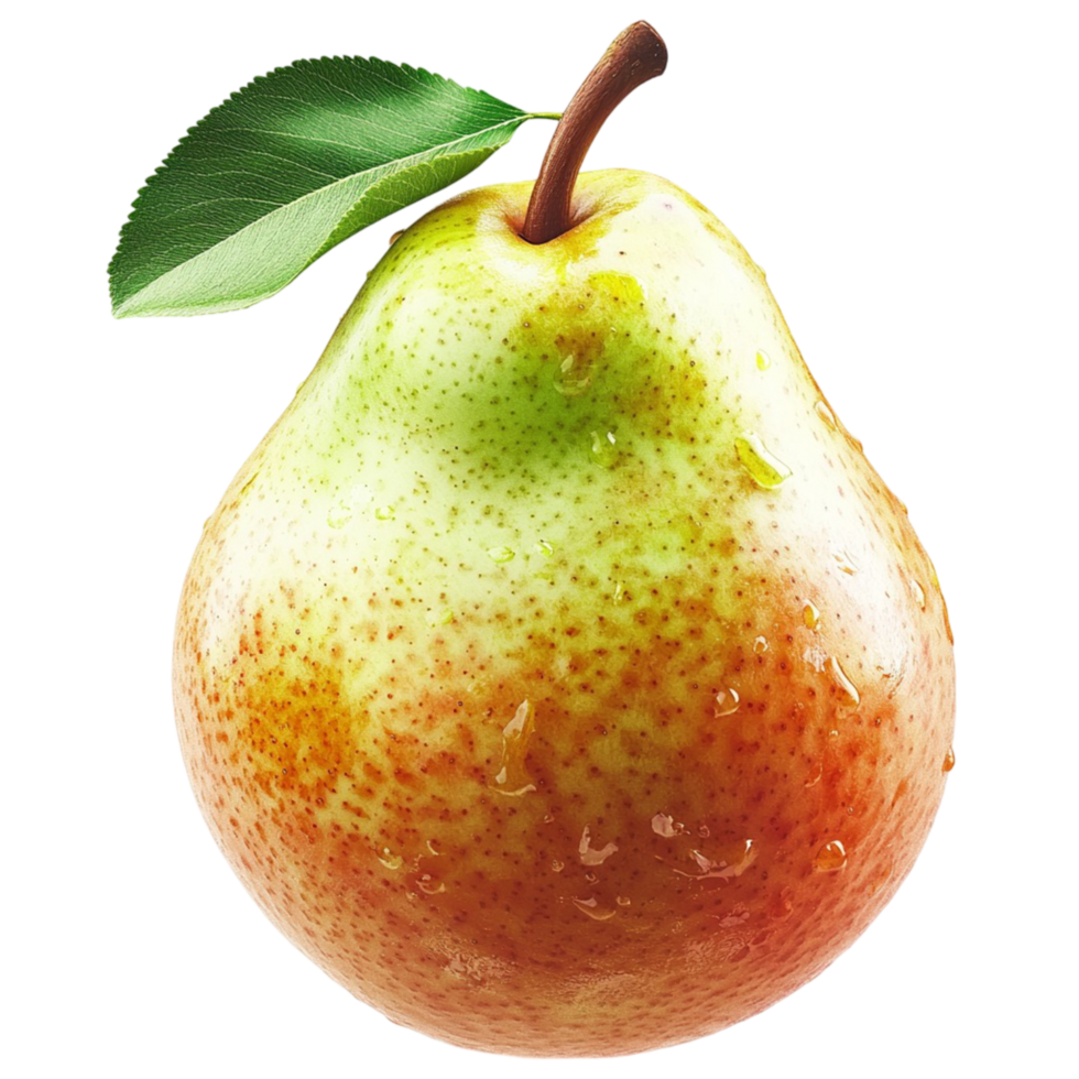 ripe pear with a green leaf attached to its stem png