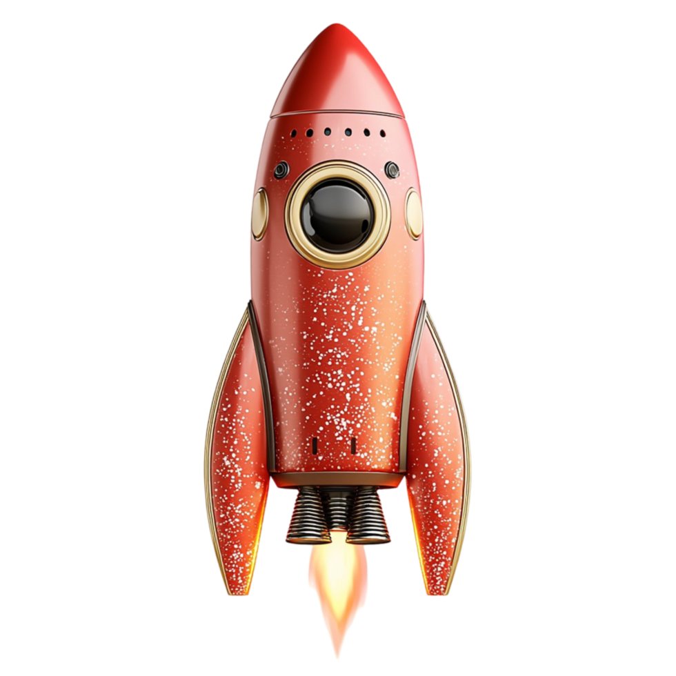 Retro style red rocket with a shiny metallic body and flames png