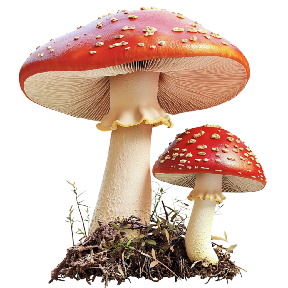 Red and white fly agaric mushrooms growing on a forest floor png