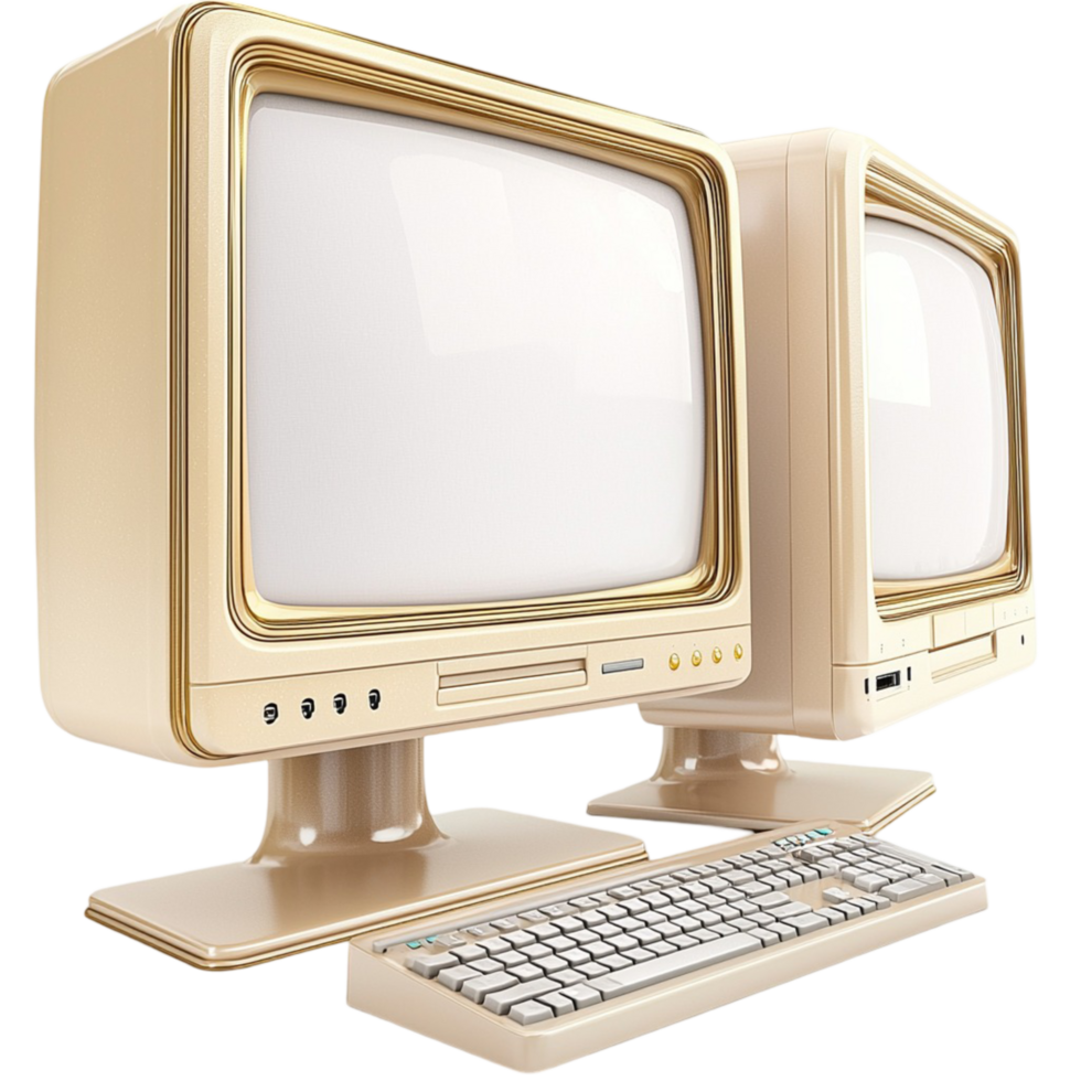 Vintage beige computer monitor with an old fashioned keyboard png