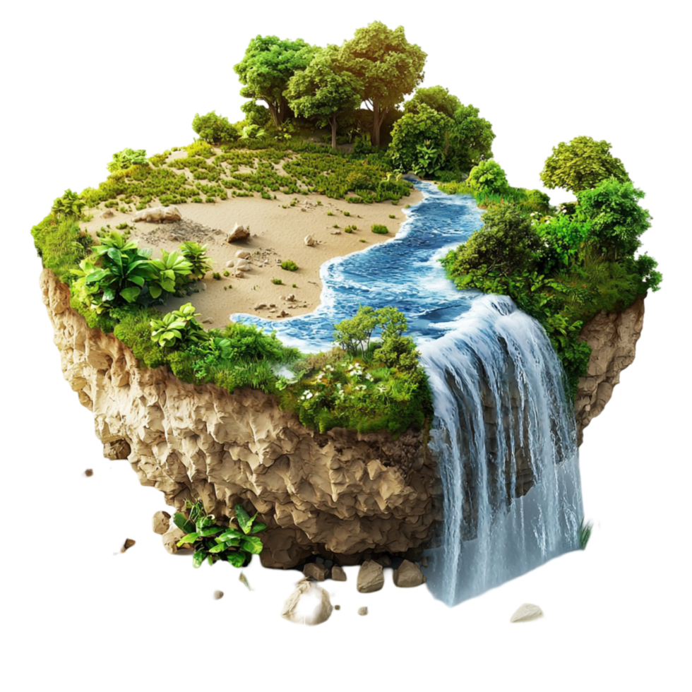 Floating island with lush green trees and a cascading waterfall png