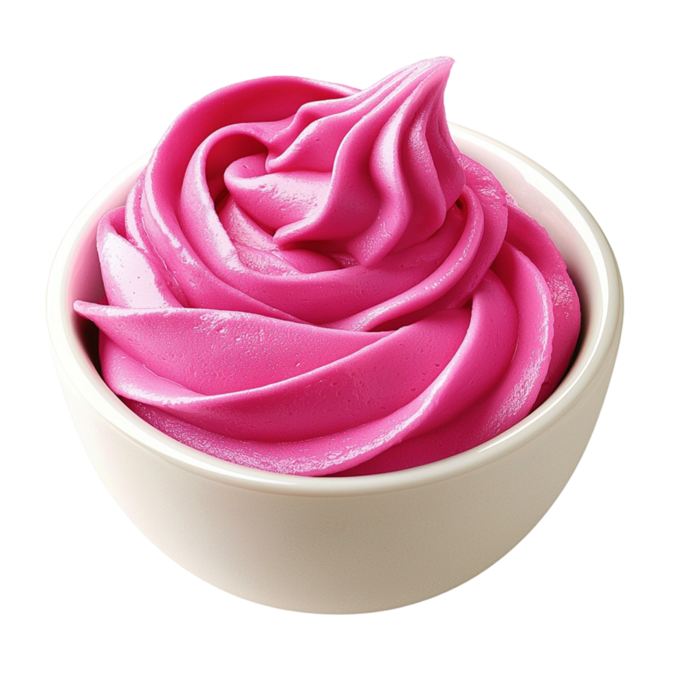 Swirl of vibrant pink serve ice cream in a white bowl png