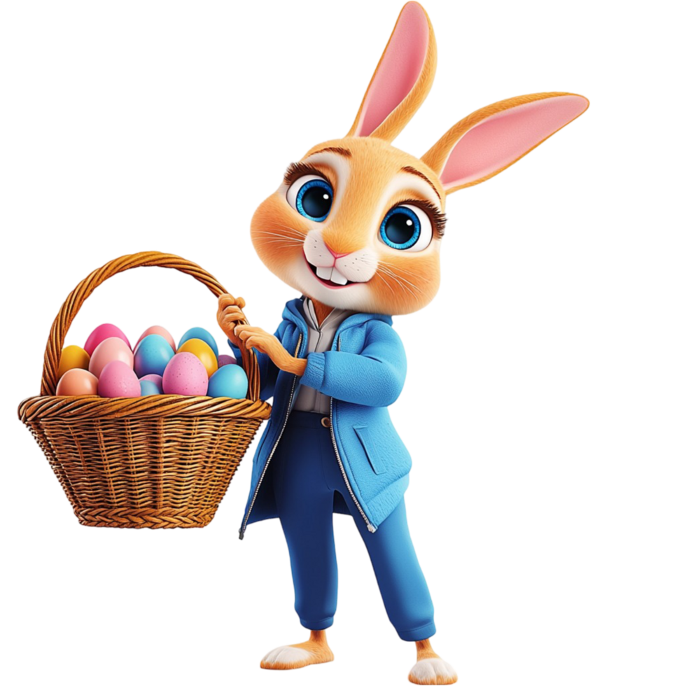 Cute Easter bunny holding a basket of colorful eggs png