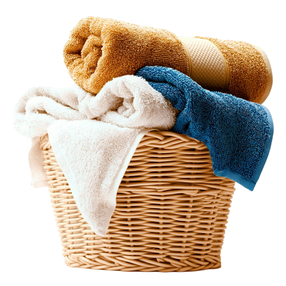 Wicker basket filled with neatly folded towels in warm colors png