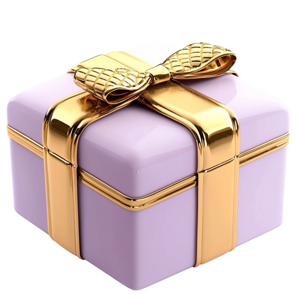 Lavender gift box wrapped with a golden ribbon and bow png