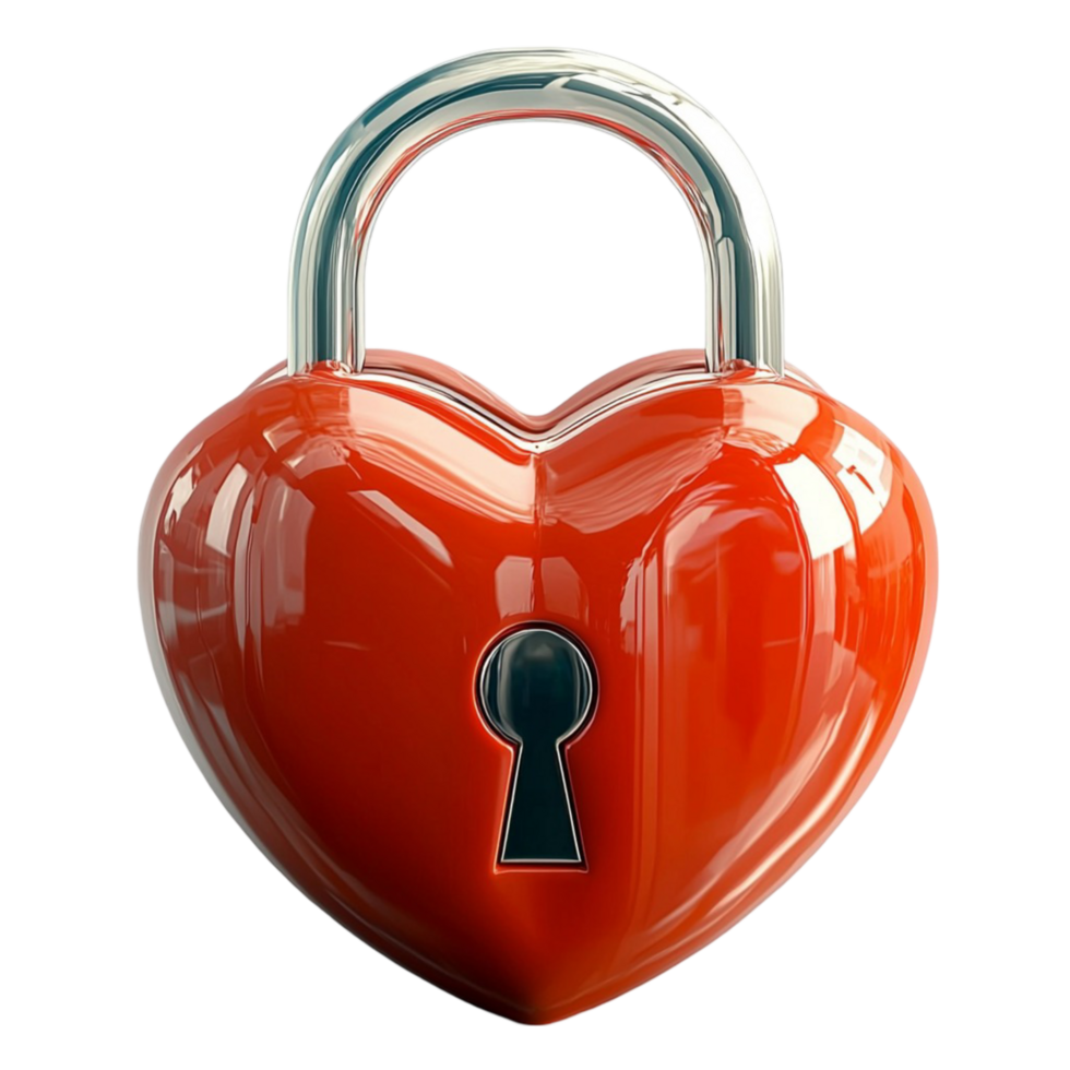 Glossy red heart shaped padlock with a secure keyhole png