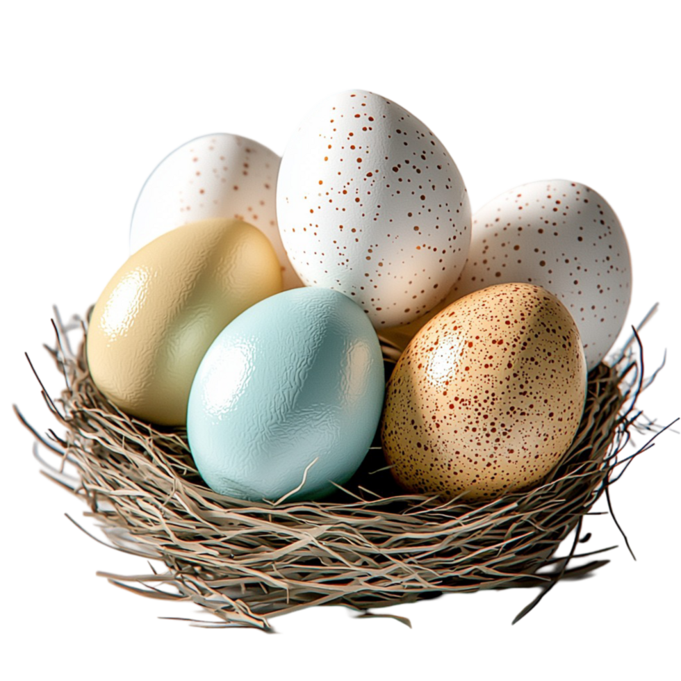 Nest with colorful eggs resting in and woven twigs png