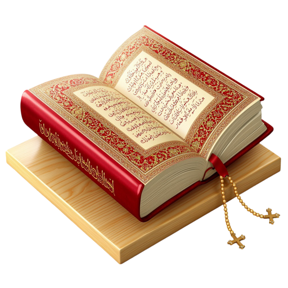 Ornate open book with golden edged pages resting on a wooden stand png