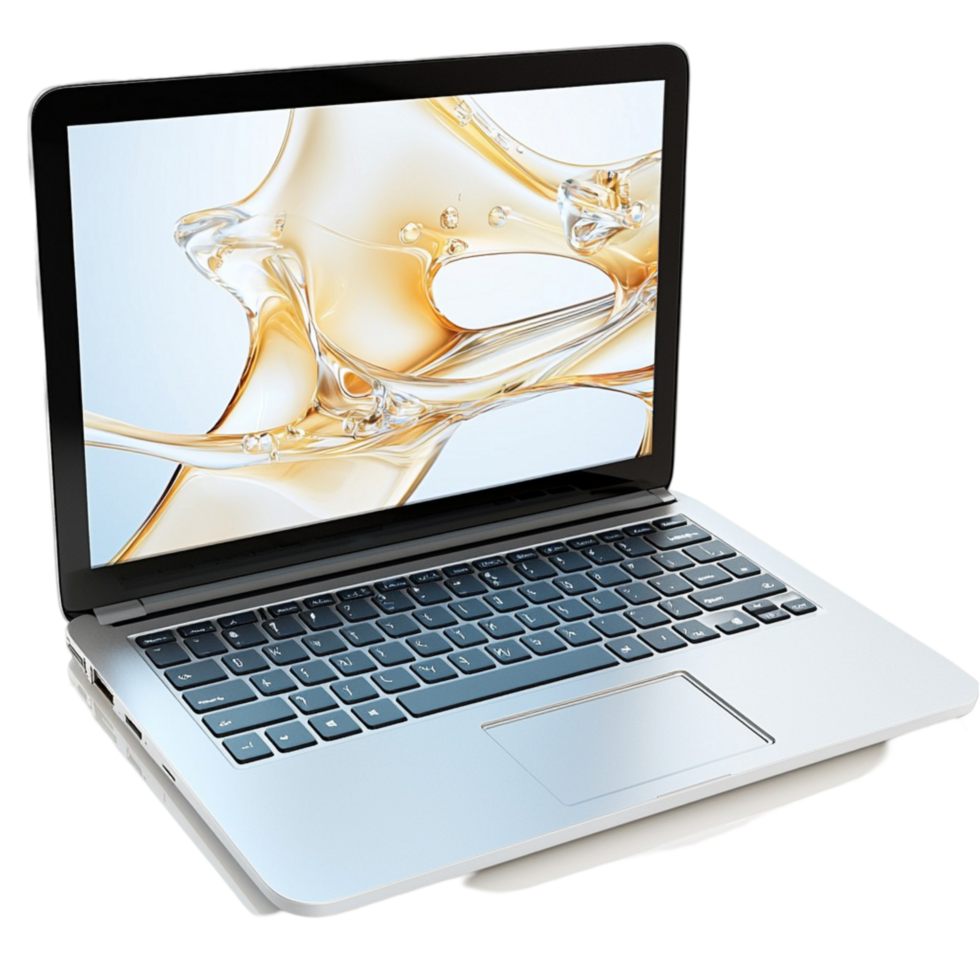 Silver laptop with a high resolution screen displaying golden waves png