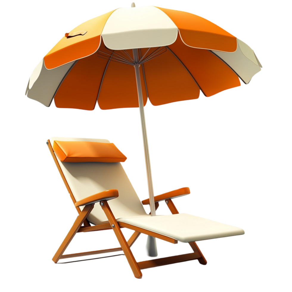 Comfortable beach chair under an orange and white umbrella png