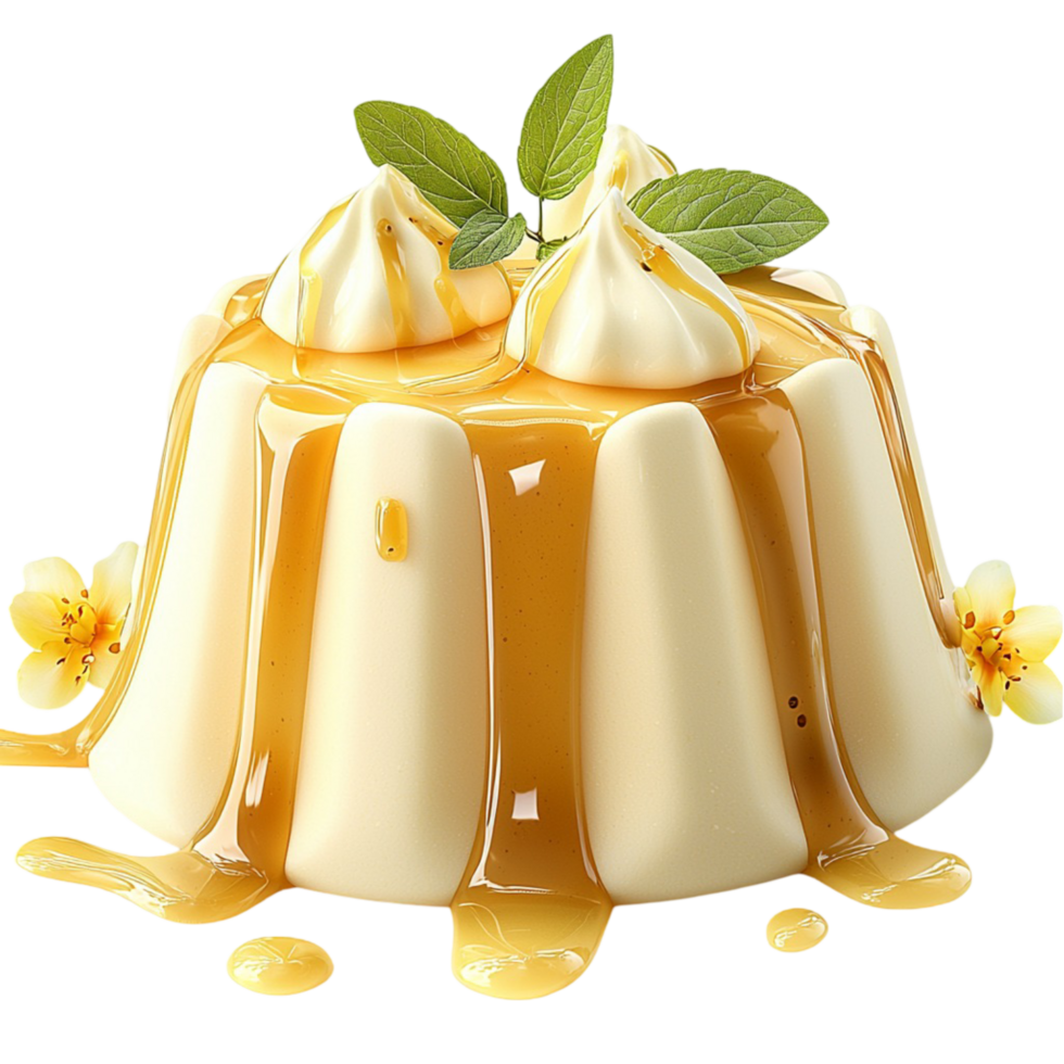 Creamy caramel pudding garnished with whipped cream and mint leaves png