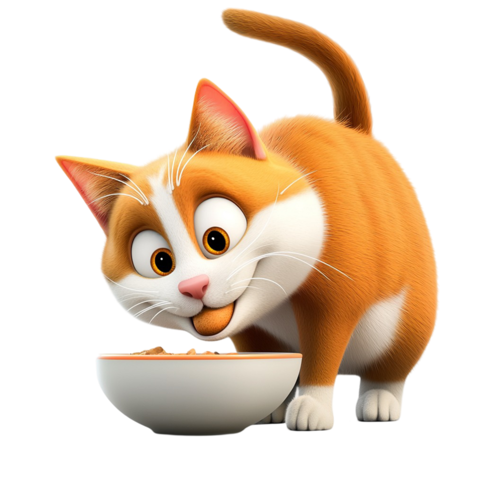 Cute orange and white kitten eagerly eating from a bowl png