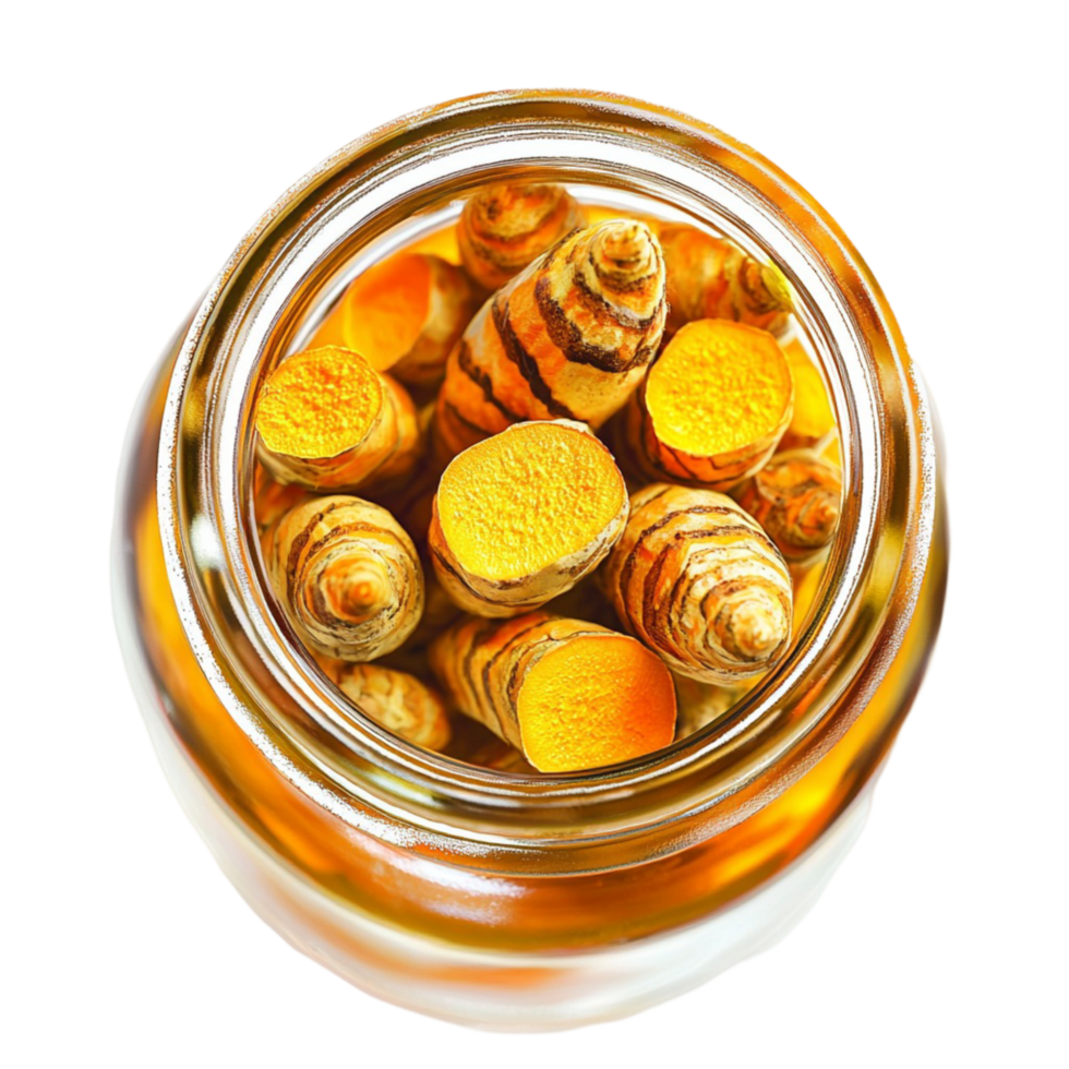 Small glass jar filled with golden turmeric capsules and herbs png