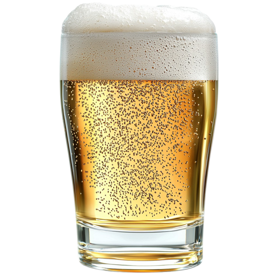Chilled glass of golden beer with a foamy head and bubbles png
