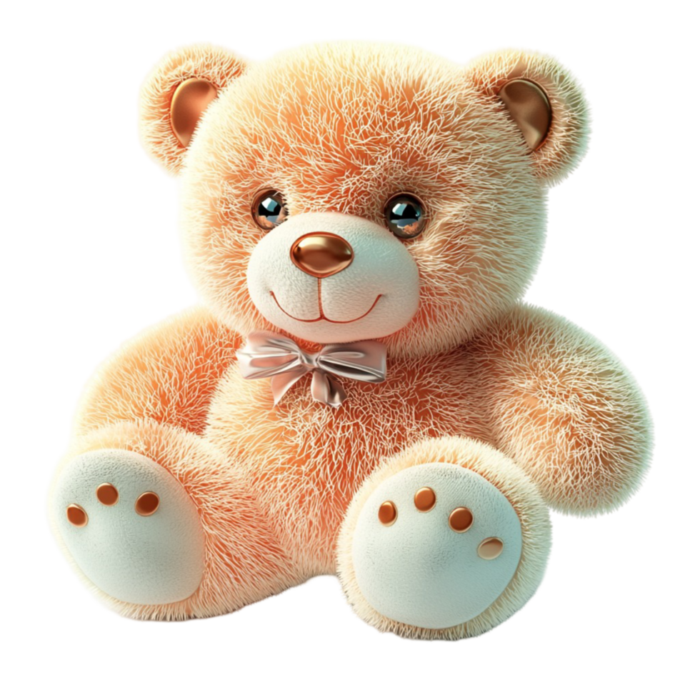 Fluffy pink teddy bear with big blue eyes and a ribbon png