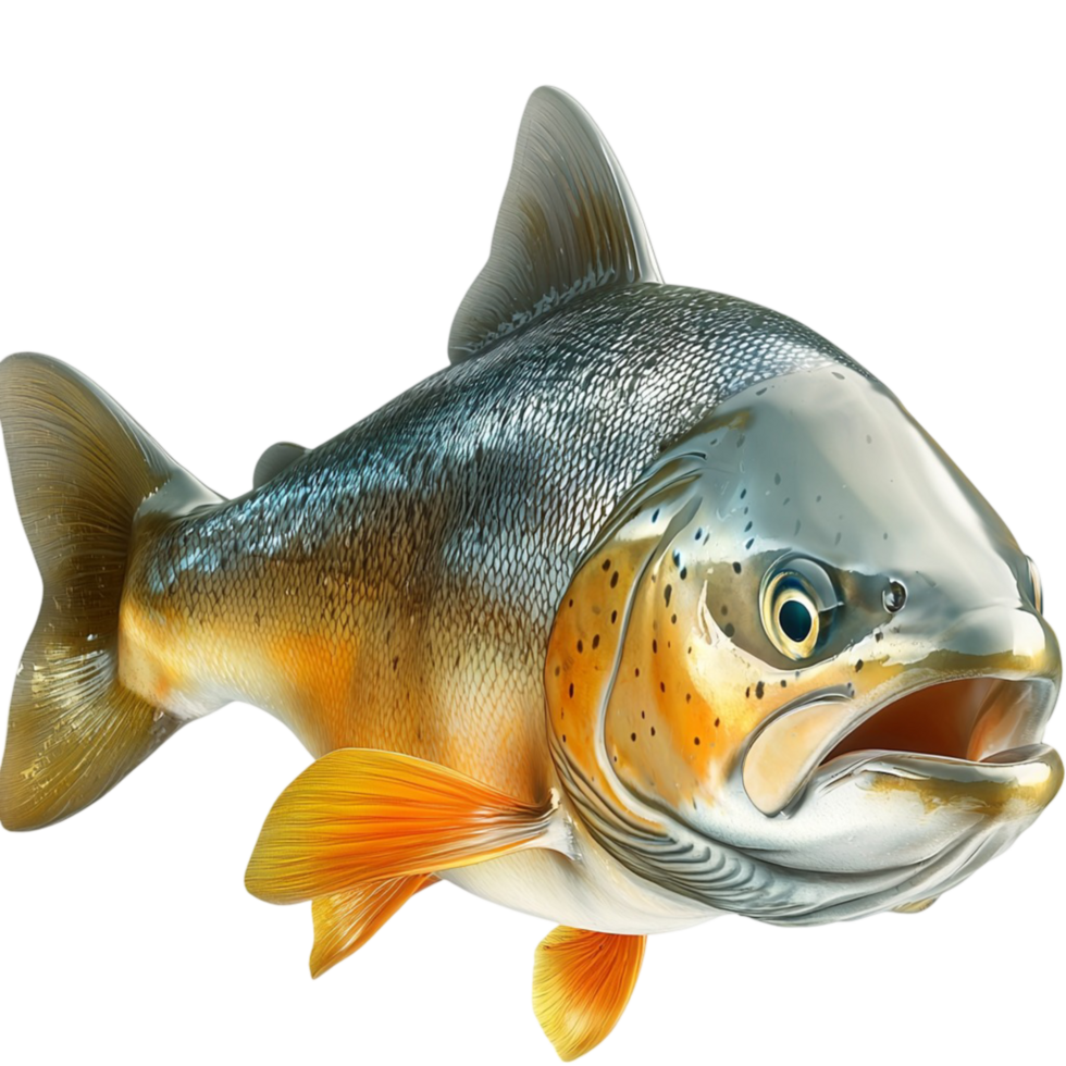 Silver fish with an open mouth and orange fins png