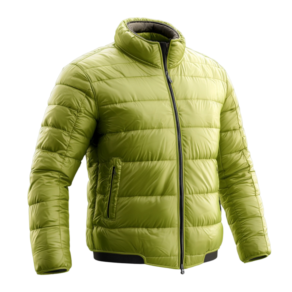 Warm green puffer jacket with a front zipper and a cozy look png