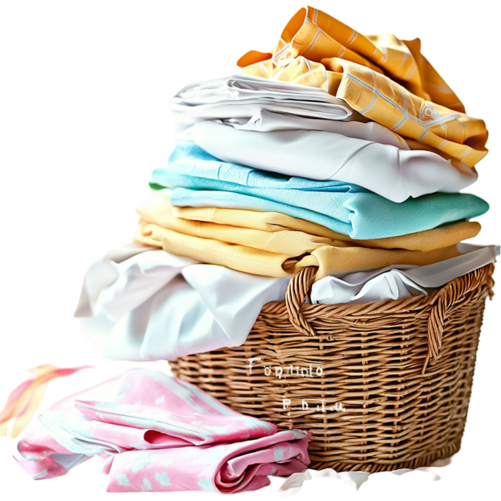Neatly folded laundry in a woven basket with and clothes png