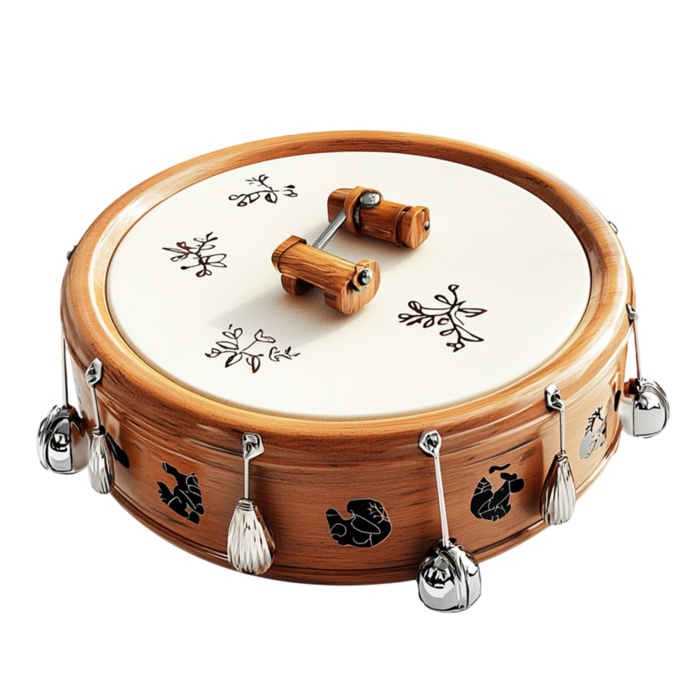 Traditional wooden tambourine with jingles and a design png