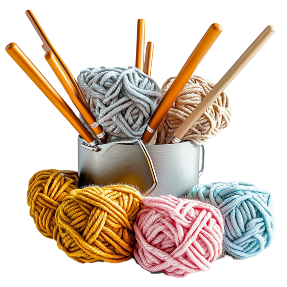 Collection of colorful yarn balls with knitting needles and crochet hooks png