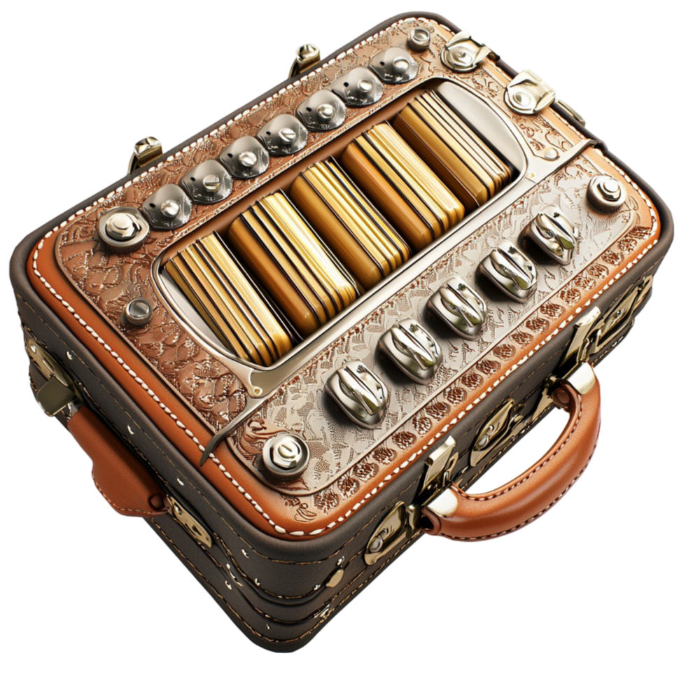 Vintage accordion with a worn case and polished metal buttons png