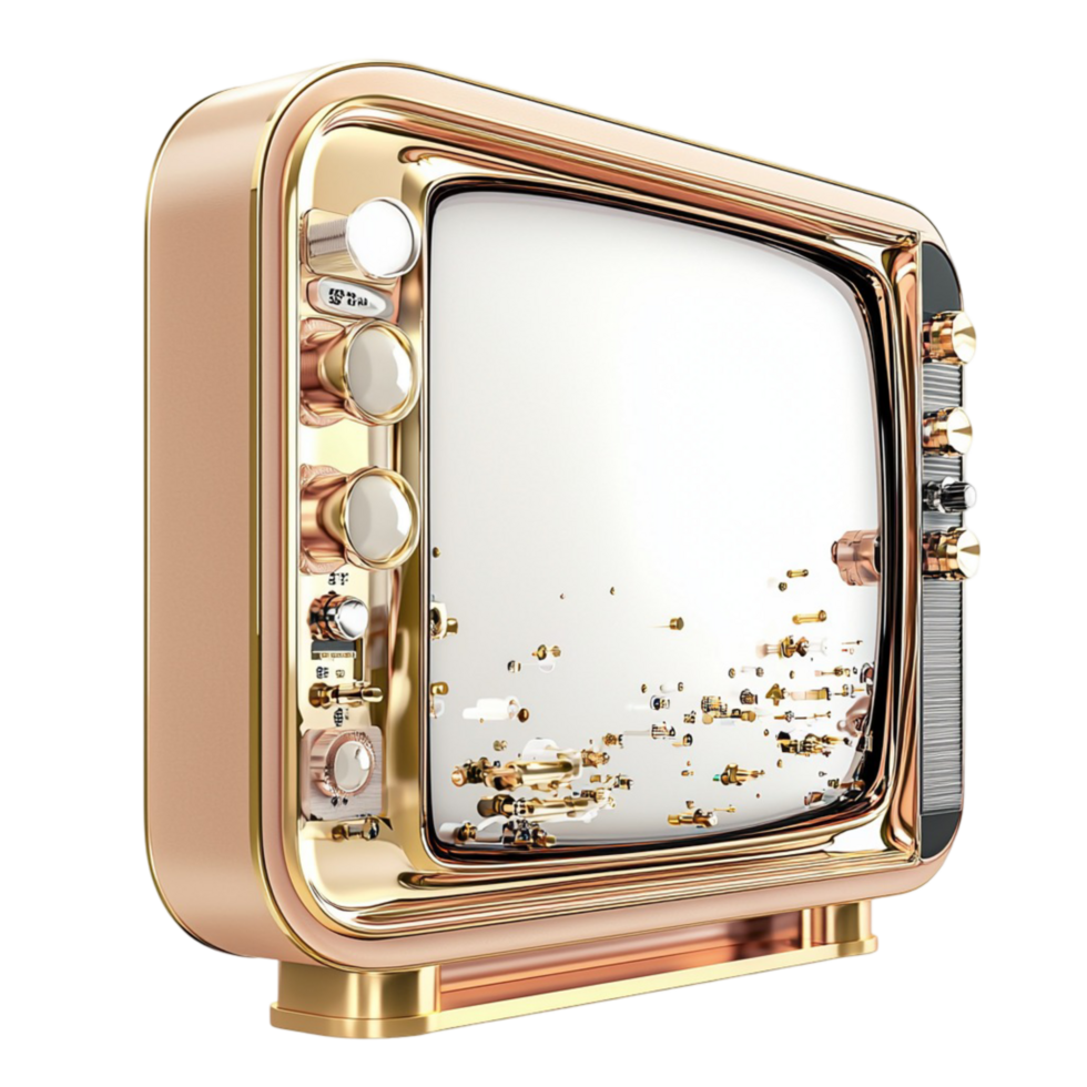 Vintage television set with a golden frame and a reflective screen png