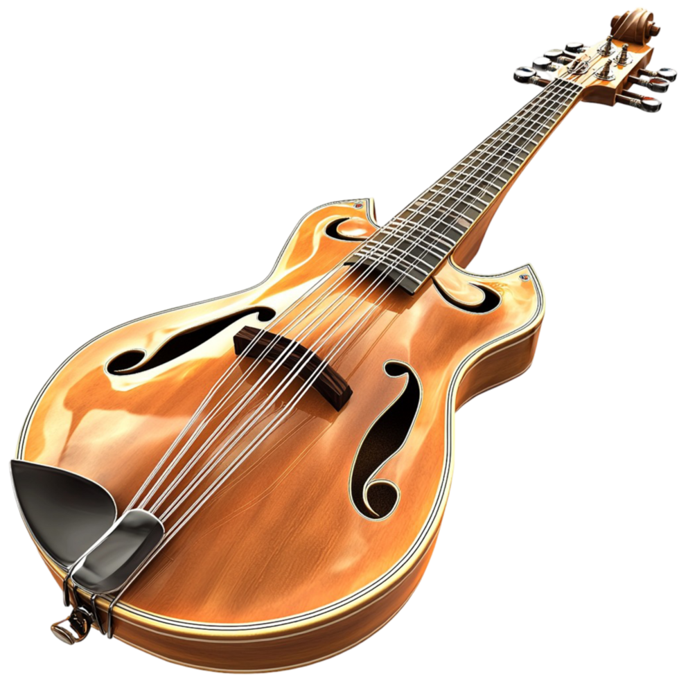 Beautiful wooden mandolin with a glossy finish and intricate strings png