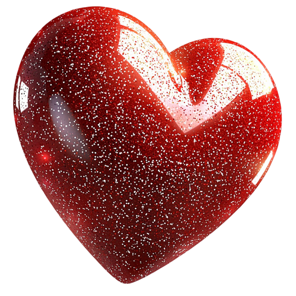 Shiny red glittery heart with a and reflective surface png