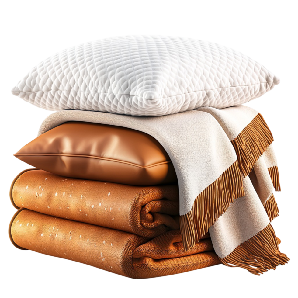 white pillow with a neatly folded stack of brown blankets png