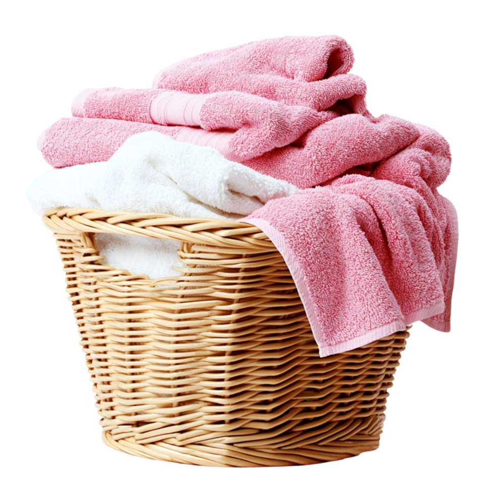 Wicker basket filled with neatly folded pink towels and fabric png