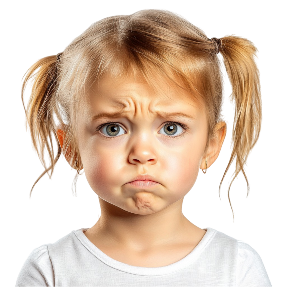 Sad little girl with big blue eyes and a pouty expression png